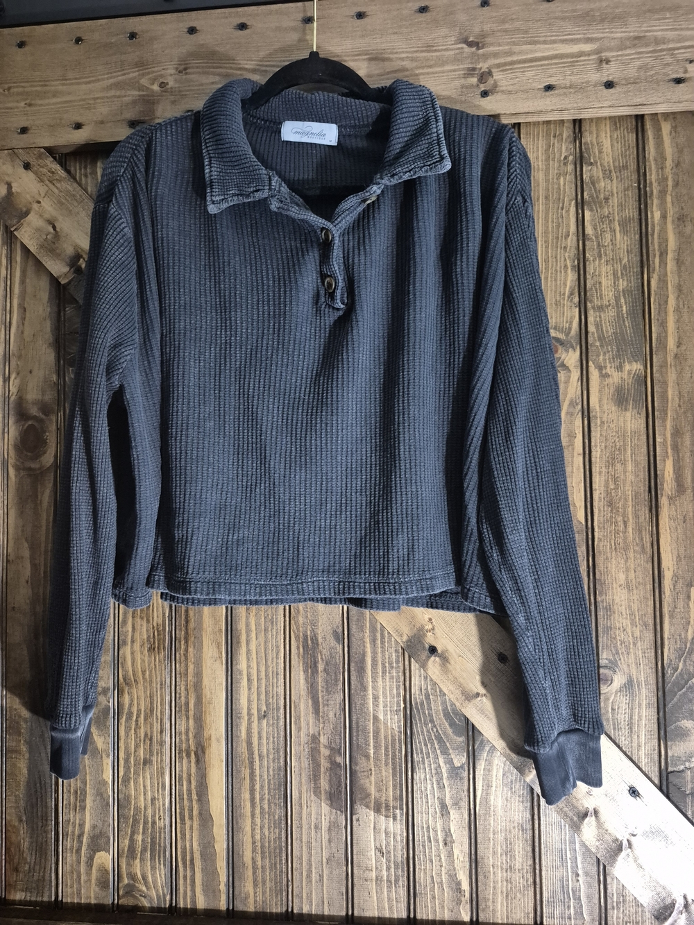 Corded Waffle Henley Pullover Sweatshirt - Charcoal